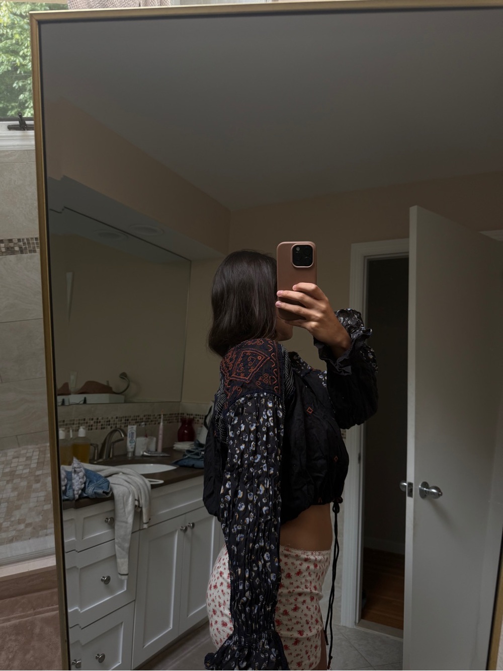 Free people Black blouse with white floral print and lace trim #floral #lace